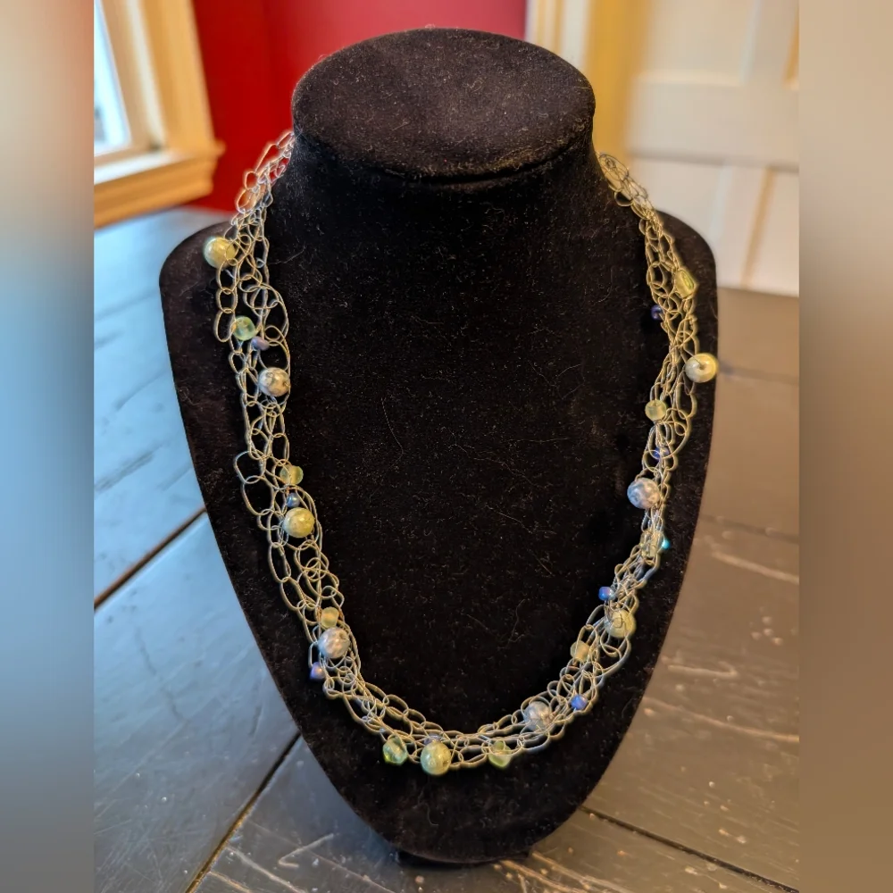 Unique Metal Beaded Crochet Necklace Artistic Boho Chic Modern Handmade 20